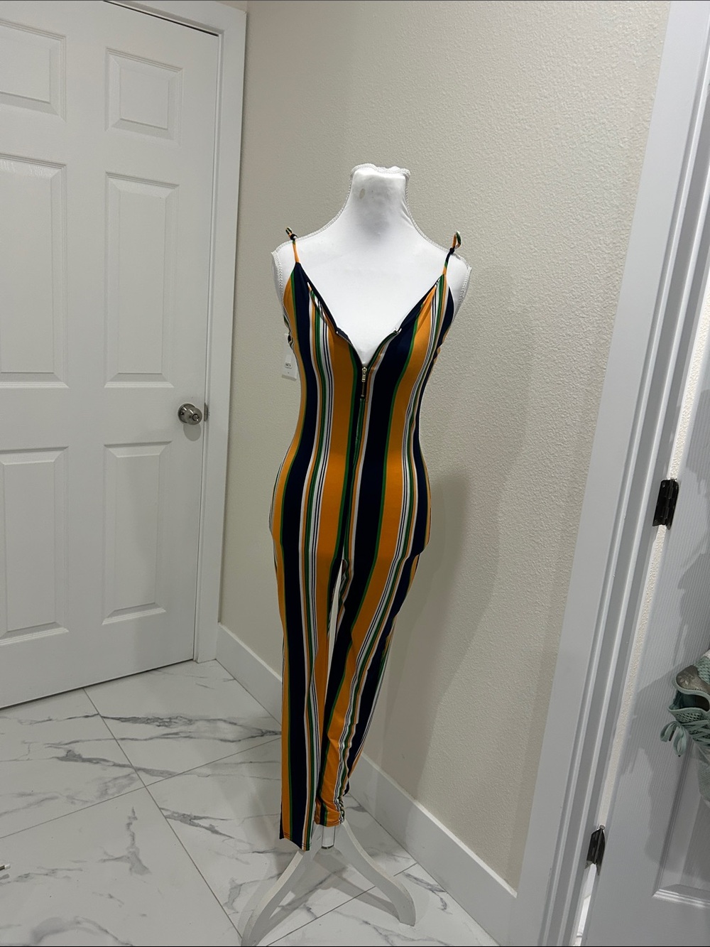 Striped V-Neck Romper in Mustard & Navy